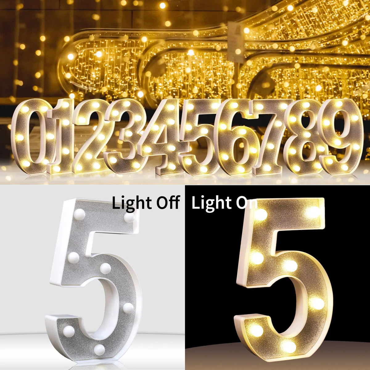 Numero 5 argento glitterato decorazione LED luci con numero, adatti per feste di compleanno, baby shower, sfondo matrimonio e decorazione della casa, 21 cm