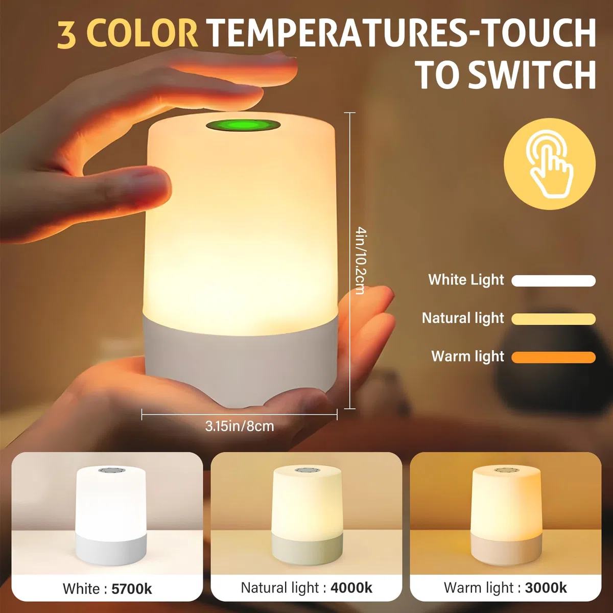 Journeyside Lampada da Comodino LED Touch, Mini Luce Notturna Bambini Senza Fili e 3 Modalità con Funzione di Memoria, Dimmerazione Continua, Lampada LED per Cameretta, Soggiorno,Camera da Letto