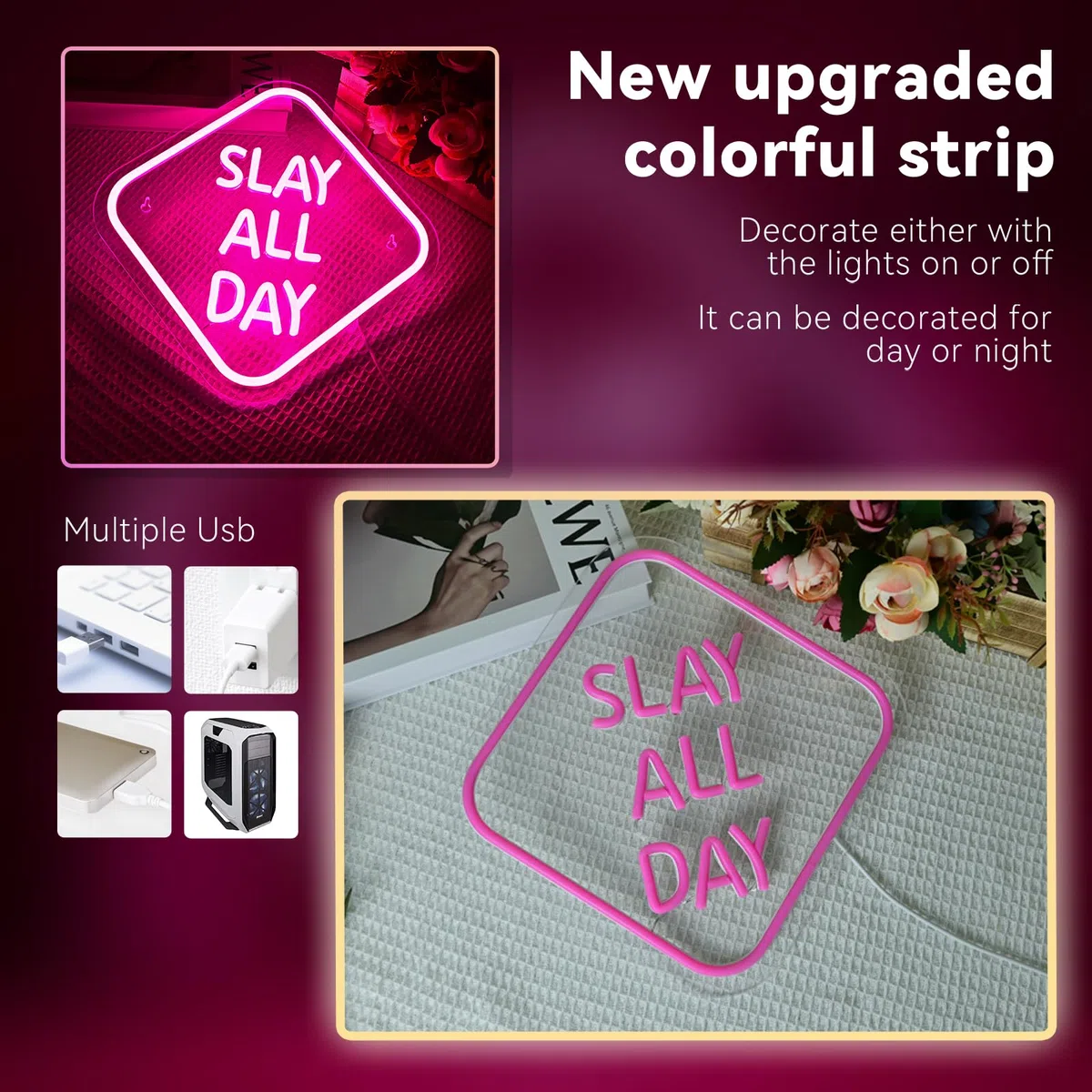 Slay All Day Neon Deco Camera Ragazza, lampada al neon per decorazione da parete di bar party feste,insegna luminosa al neon per regalo di compleanno e laurea alimentata da USB