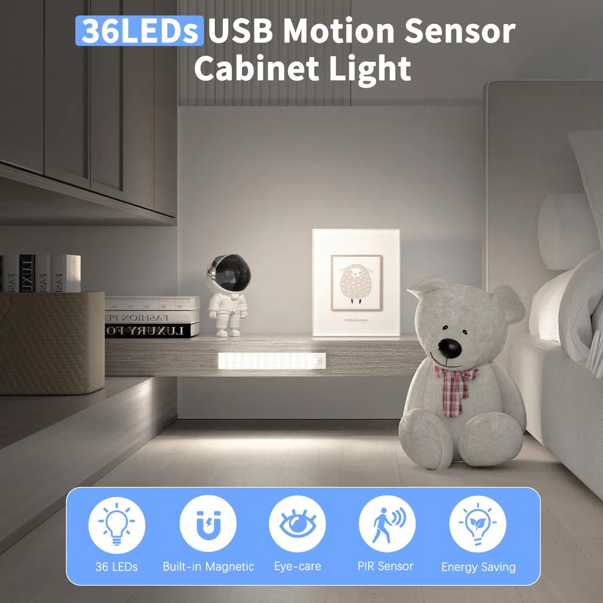 Luce Armadio LED con Sensore di Movimento, 4 Modalità Luce Sottopensile Cucina, USB Lampada LED Ricaricabile, Senza Fili Luci Notturna per Armadio Cucina Scale Corridoio Garage