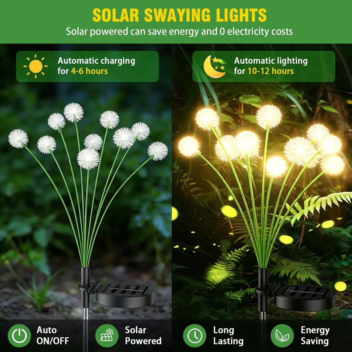 Luci Solari da Giardino da Esterno, 2 Pezzi Luci Giardino Energia Solare di Dente di Leone, 20 LEDs, 2 Modalità, Bianco Caldo, IP65 Impermeabile, per Balcone Cortile Patio Sentiero Prato decorazioni