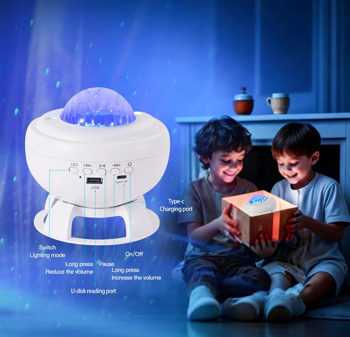 proiettore Stelle Soffitto, Lampada a LED con Lettore Musicale Bluetooth e 8 Animazioni Realistiche Della luce Nordica, Proiettore a Stelle per Bambini/adulti, Camera da Letto, Regalo di Compleanno