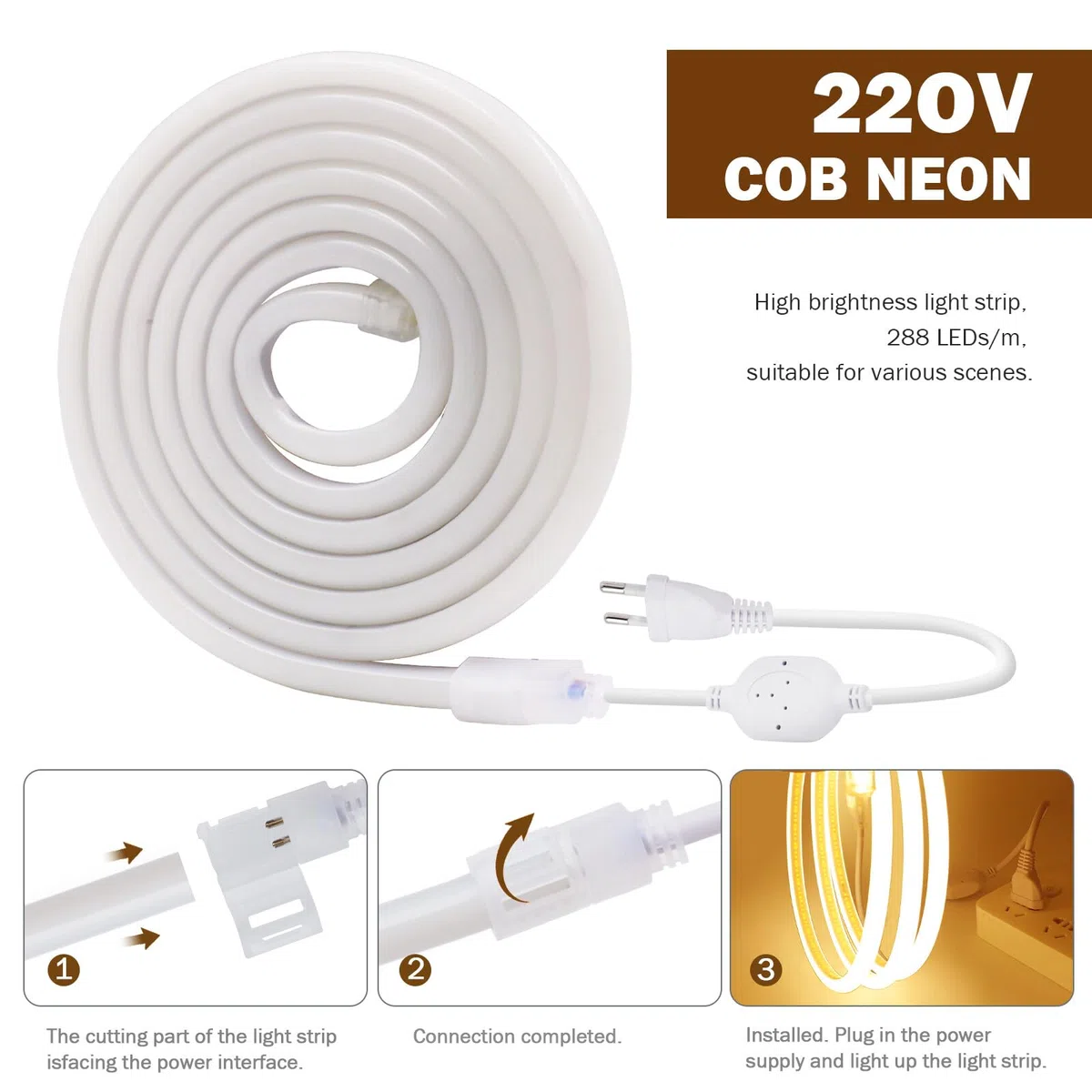 Striscia LED COB 220V, flessibile impermeabile IP65, striscia neon LED FCOB 288 LED/m CRI90+, tagliabile ogni 50 cm, illuminazione luminosa a 270° [2M, luce bianca 6000-6500K]