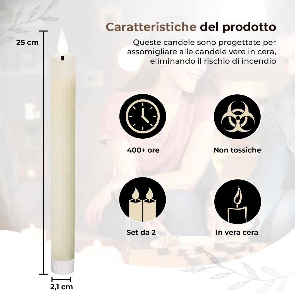 comforder Candele LED con Fiamma Tremolante in Vera Cera (Set da 2), Candele a Pile con Timer, Candele a Batteria (Crema)
