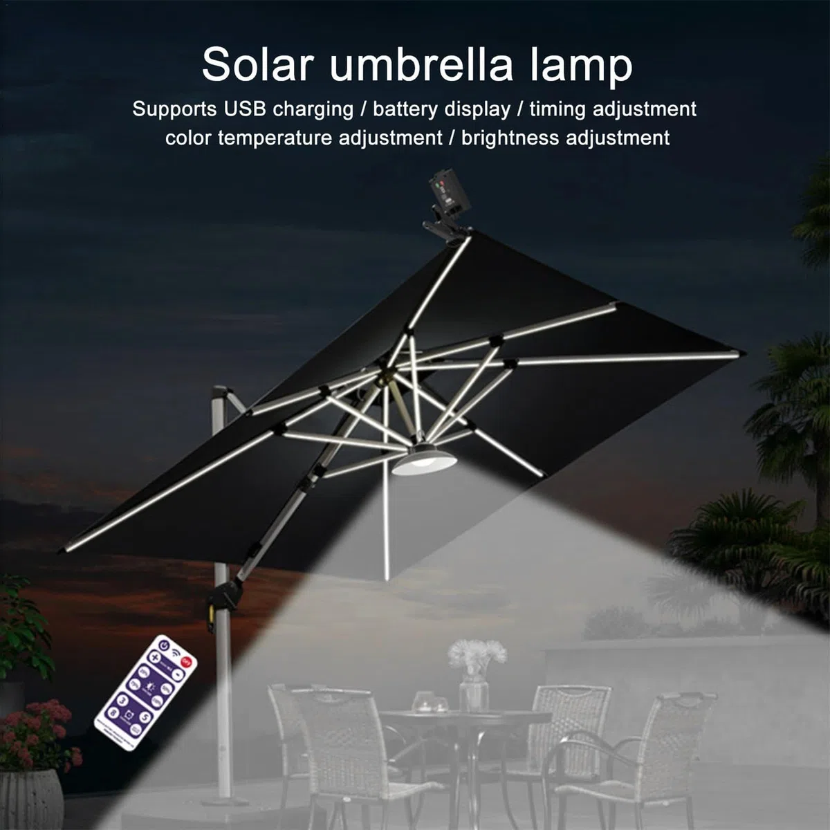 Luce per ombrello, luci solari per ombrellone, con telecomando, impermeabile, alimentata a energia solare, con clip, LED, ricaricabile, per patio, campeggio, escursionismo, giardino, decorazione per