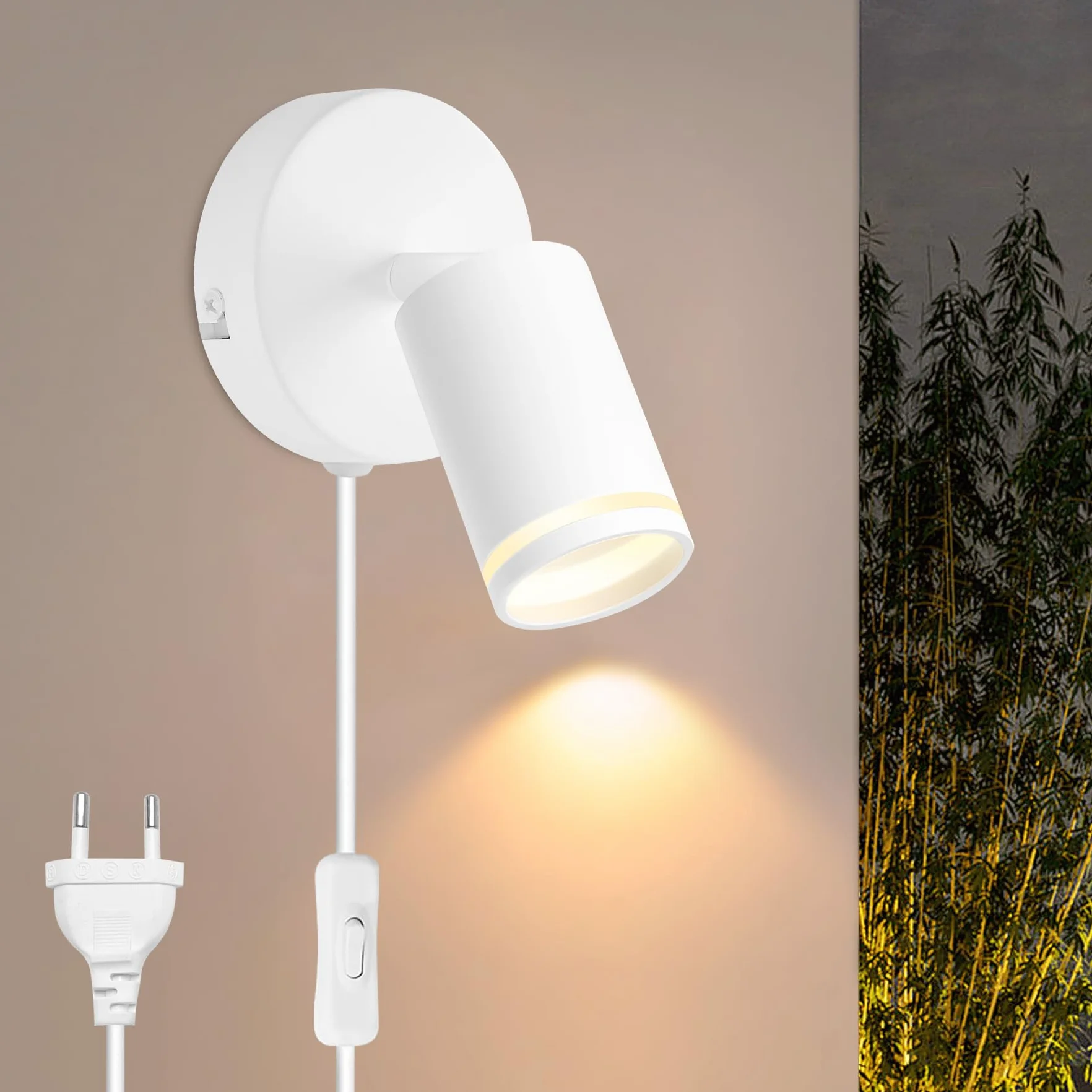 Applique da Parete Interno Moderna, Bianco Applique LED da Parete Orientabile, GU10 Lampada da Parete Interno con Spina Interruttore, Alluminio Lampade da Muro per Camera da Letto Soggiorno
