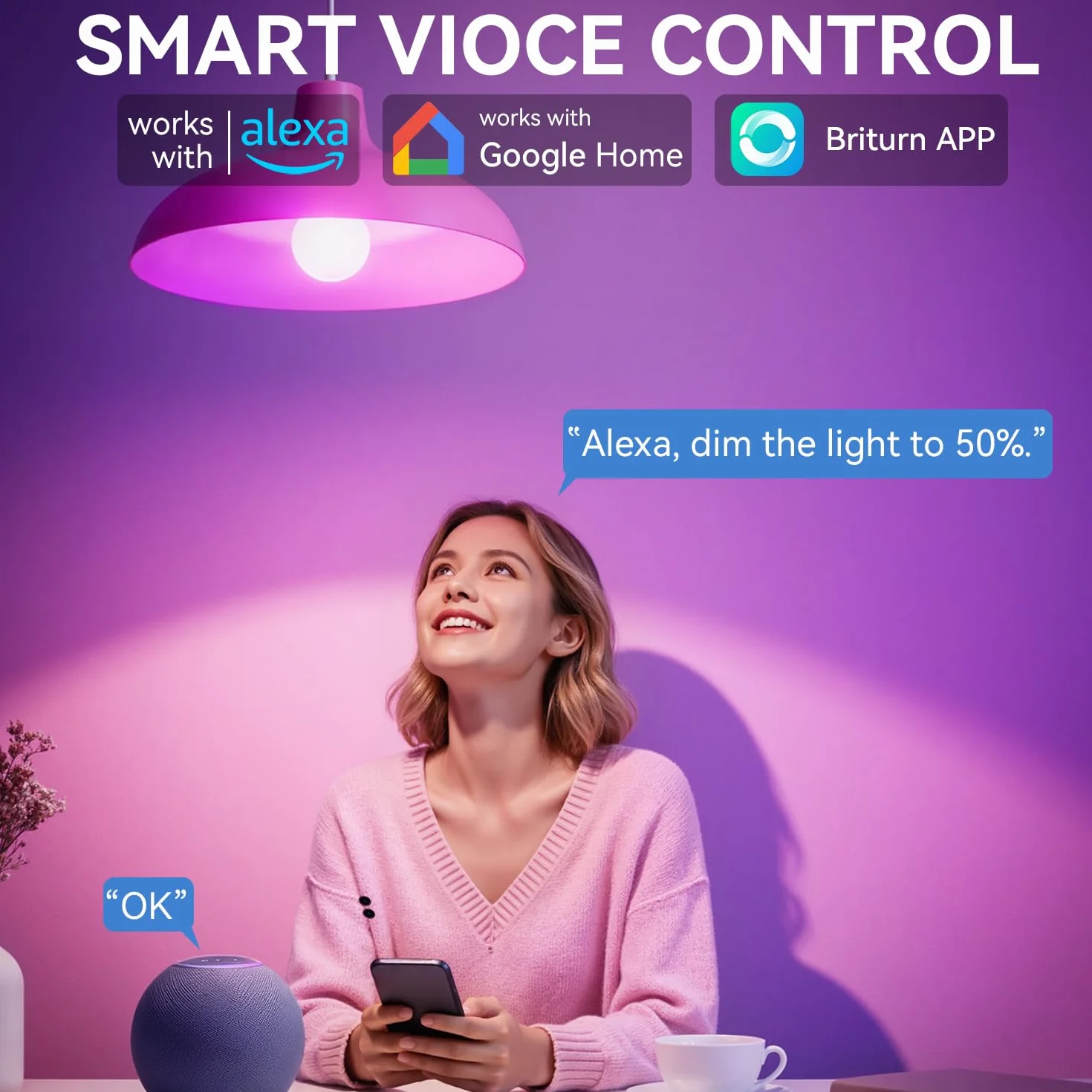 Auxmir Lampadina Alexa E27 Intelligente, Lampadine Smart LED Dimmerabile Multicolore RGB e 100+ Modalità, 10W 800 LM Compatibile con App, Alexa e Google Home, Controllo Remoto, 2 Pezzi