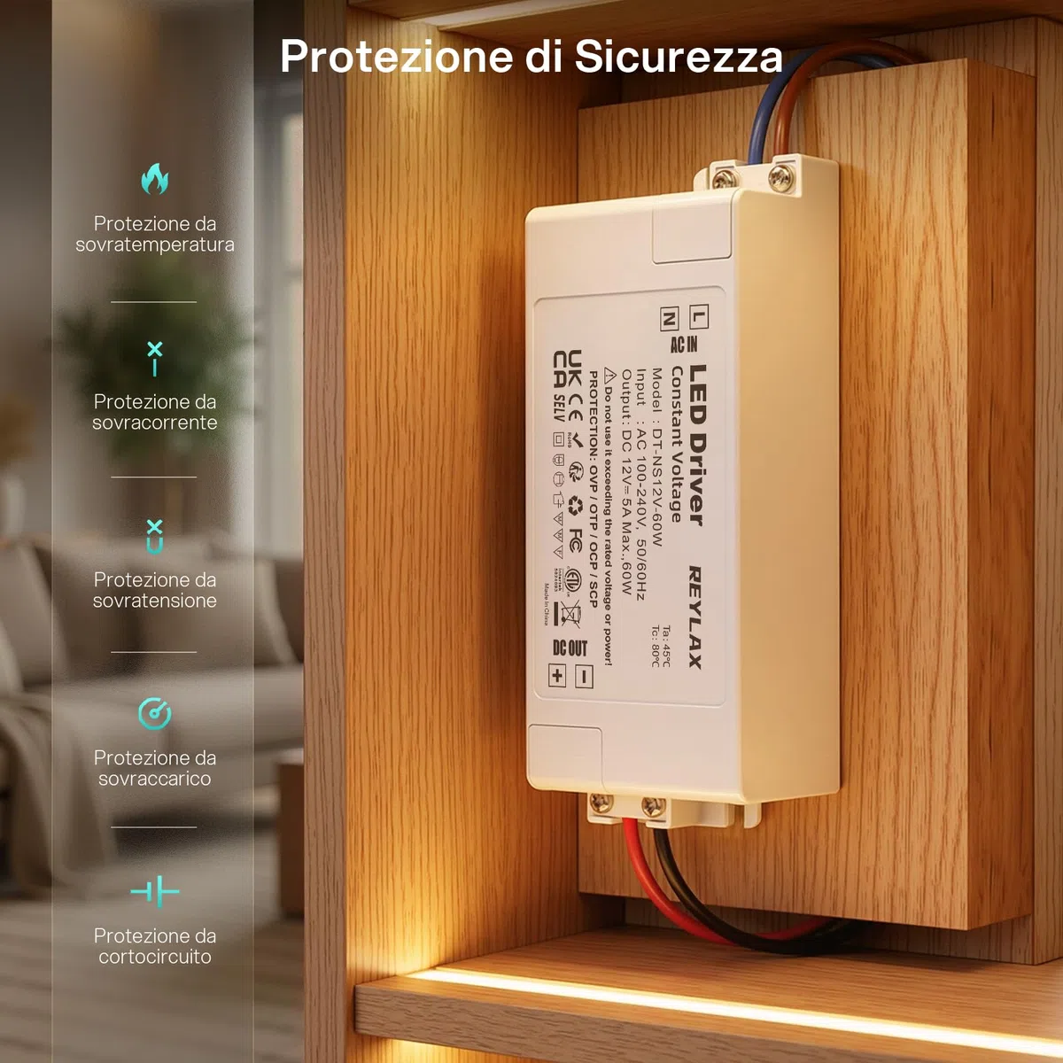 REYLAX Alimentatore LED 12V 60W, Trasformatore 220 12V Alimentatore 5A, Trasformatori Interruttore AC to DC, LED Driver di Tensione Costante, per Bassa Tensione Striscia Led, Lampade G4 MR16 MR11