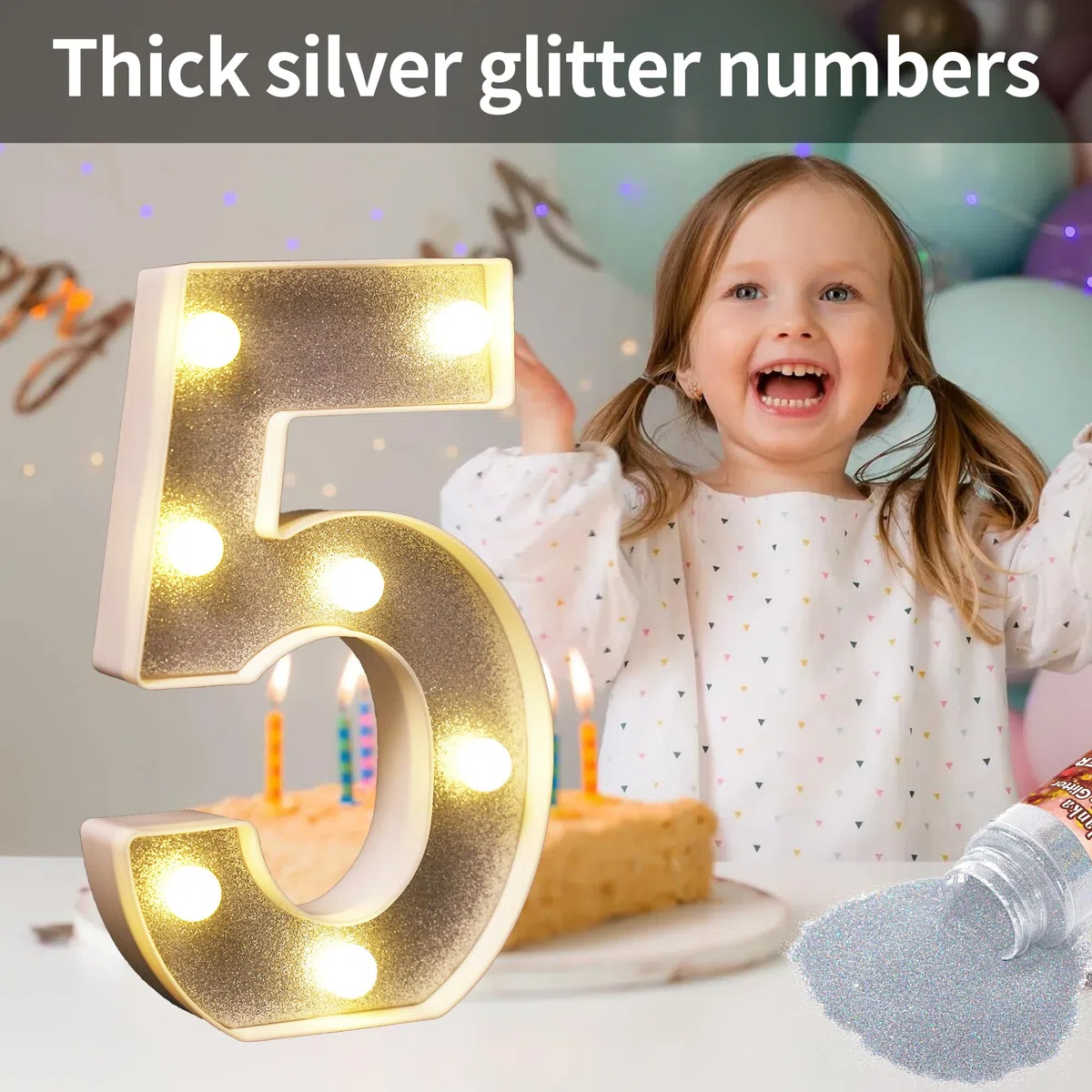 Numero 5 argento glitterato decorazione LED luci con numero, adatti per feste di compleanno, baby shower, sfondo matrimonio e decorazione della casa, 21 cm