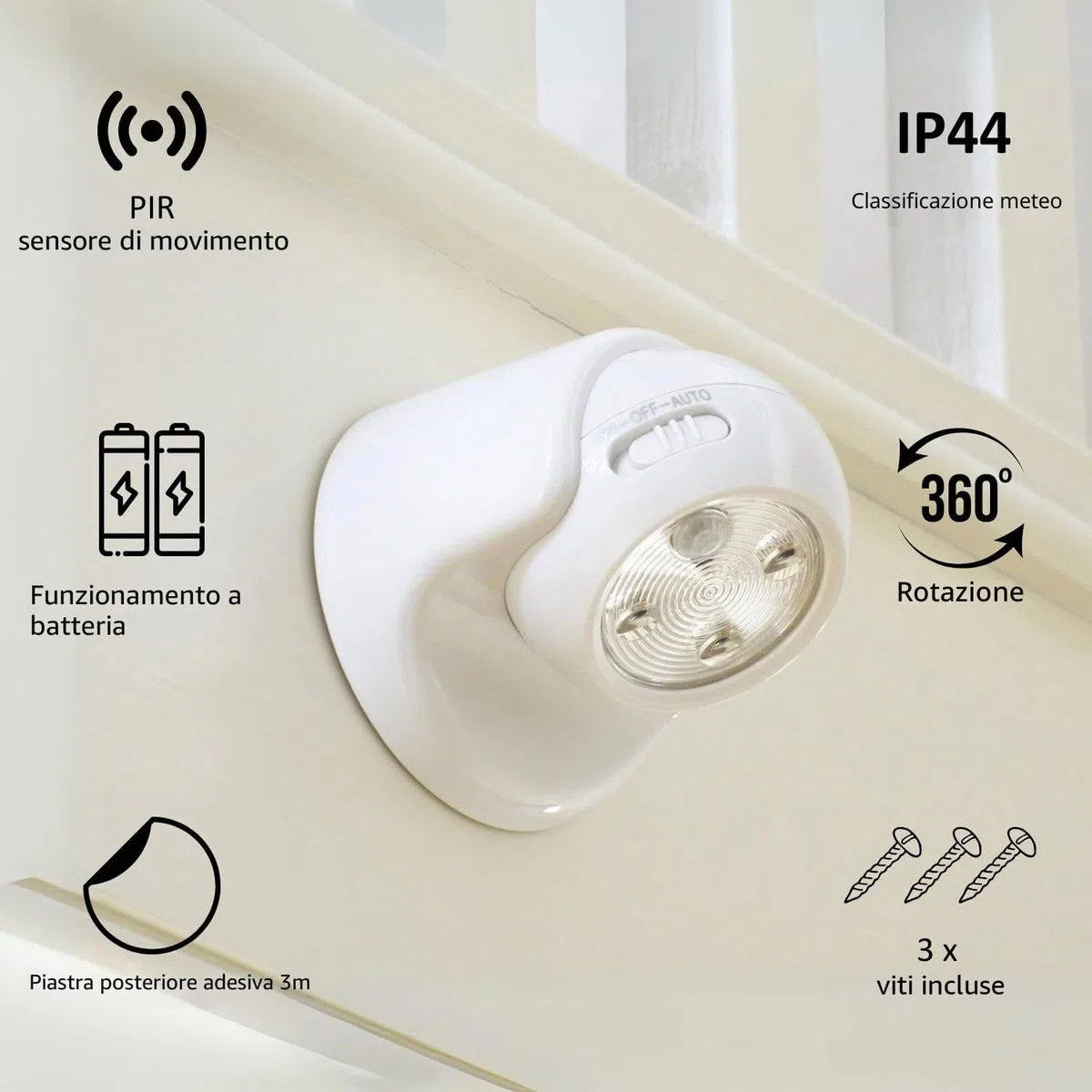 Auraglow Luce LED di Sicurezza A Batteria Ad Attivazione Con Movimento Con Sensore PIR Removibile Cordless