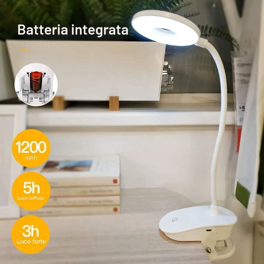 Lampada da lettura a clip, alimentata a batteria, luce a clip per letto con 3 livelli di luminosità, ricaricabile tramite USB, lampada da lettura