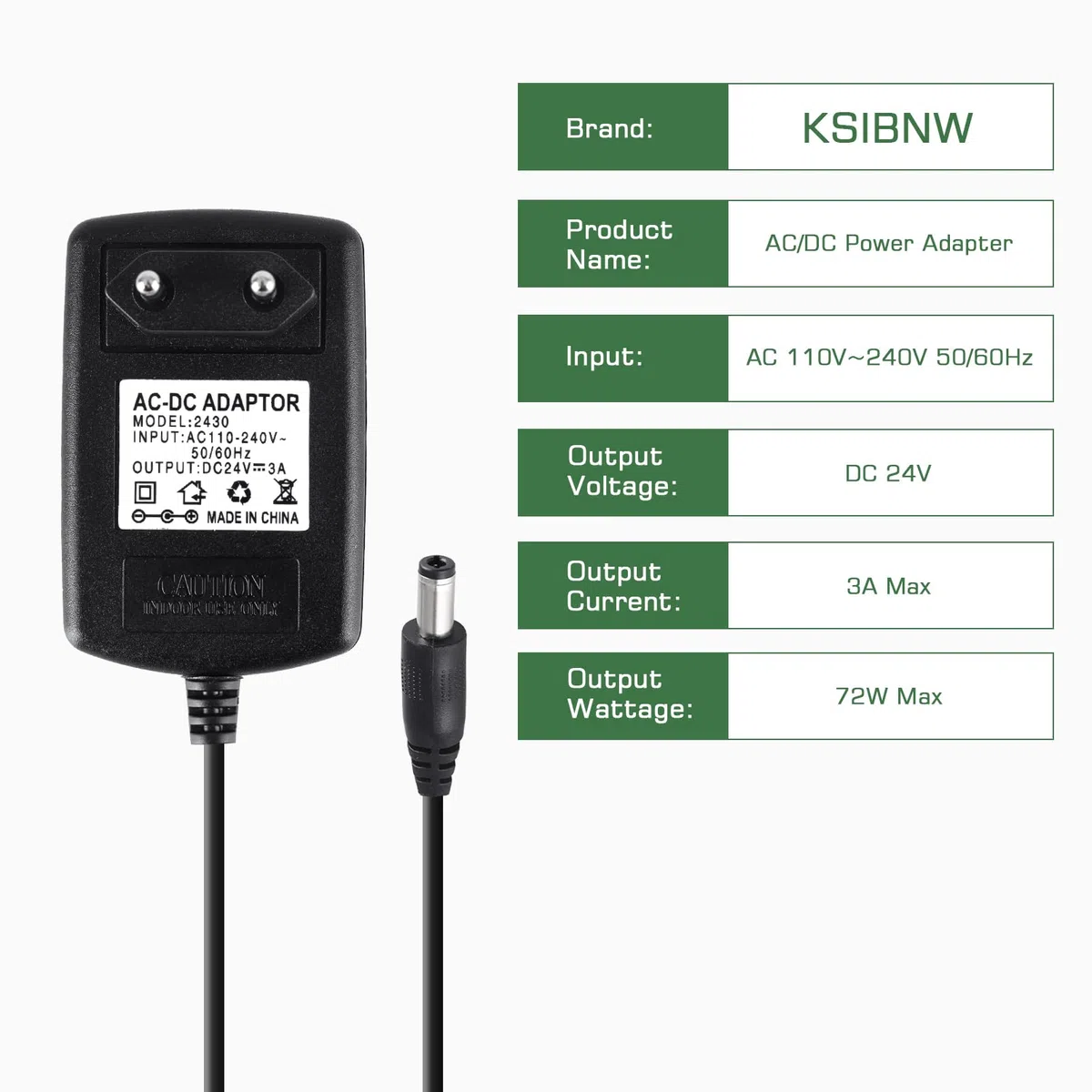 KSIBNW Trasformatore Alimentatore Universale DC 24V 3A, 72W Adattatore di Alimentazione AC 110-240V 50/60HZ Alimentatore Switching 3000mA Max Adattatore Caricatore per Striscia LED, Nero