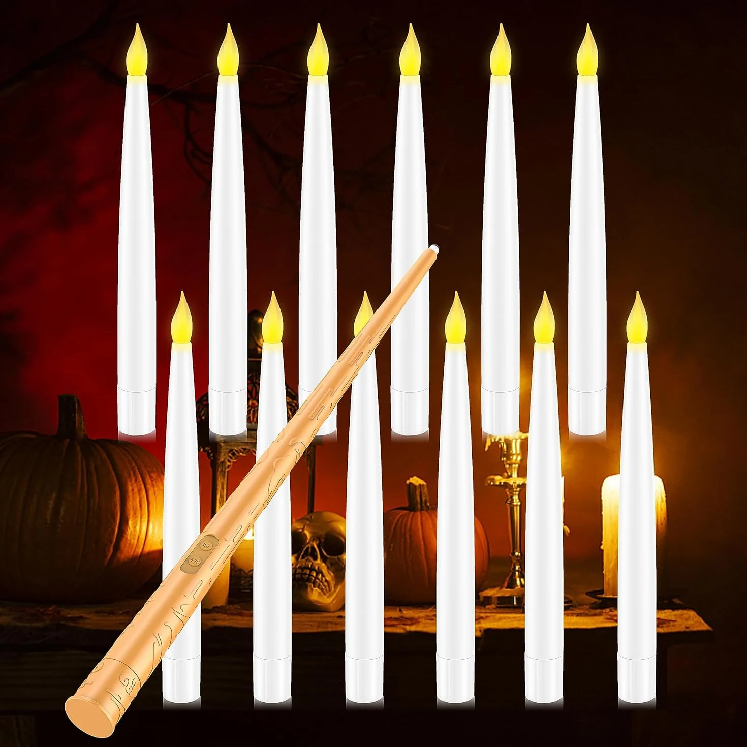 Candele LED Senza Fiamma con Telecomando a Bacchetta Magica, 12 Floating Candles da Appendere, Luce Calda Lampeggiante Candela LED, Candela Conica Elettrica per Natale, Halloween