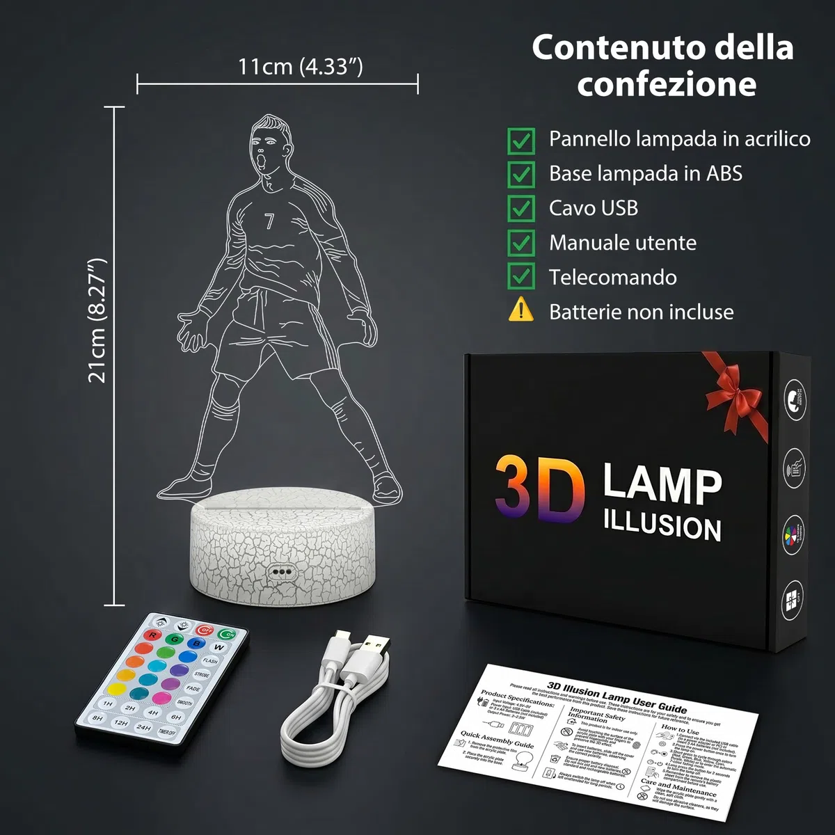 3D Illsuion Luce Notturna Calciatore n.7, Lampada da Calcio 16 Colori che Cambia Dimmerabile con Telecomando, Calcio de Regalo per Bambini Adolescenti Uomo