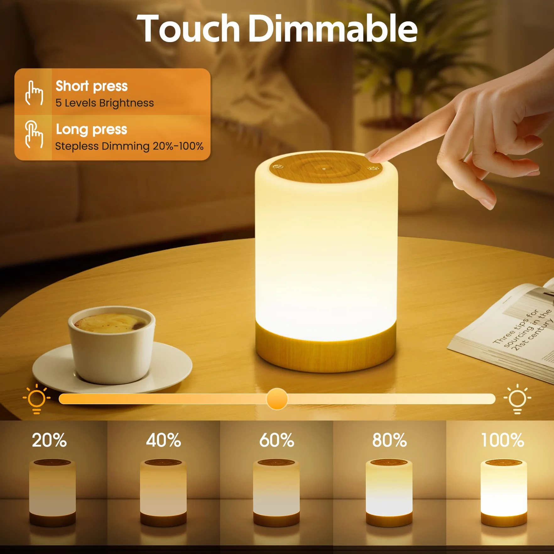 Lampada da Comodino Senza Fili Touch Dimmerabile, 5 Modalità 256 RGB e Blanco Cálido Luce Notturna Bambini Neonato, Lampade da Tavolo Ricaricabili USB con Timer, LED Lampada Camera da Letto