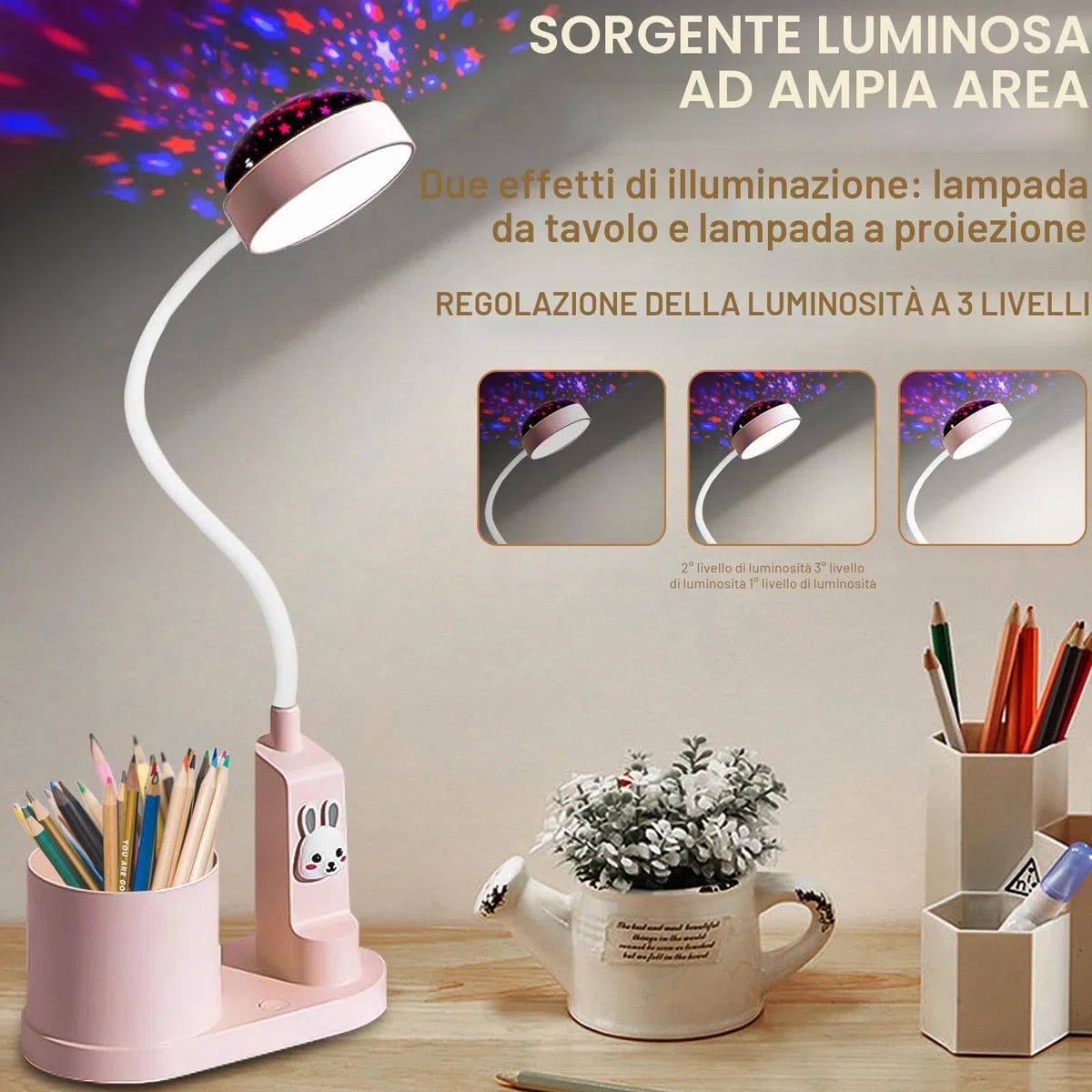 lampada da scrivania per bambini, studio con proiezione cielo stellato, comodino a LED con portapenne, ricaricabile USB, collo di cigno, dimmerabile, varie livello luminosità