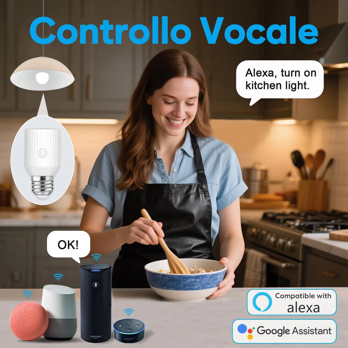 LoraTap Adattatore portalampada Wi-Fi intelligente, controllo vocale Alexa/Google, gruppi e timer su Smart Life, potenza max 60 W, compatibile lampade a incandescenza, E26/E27