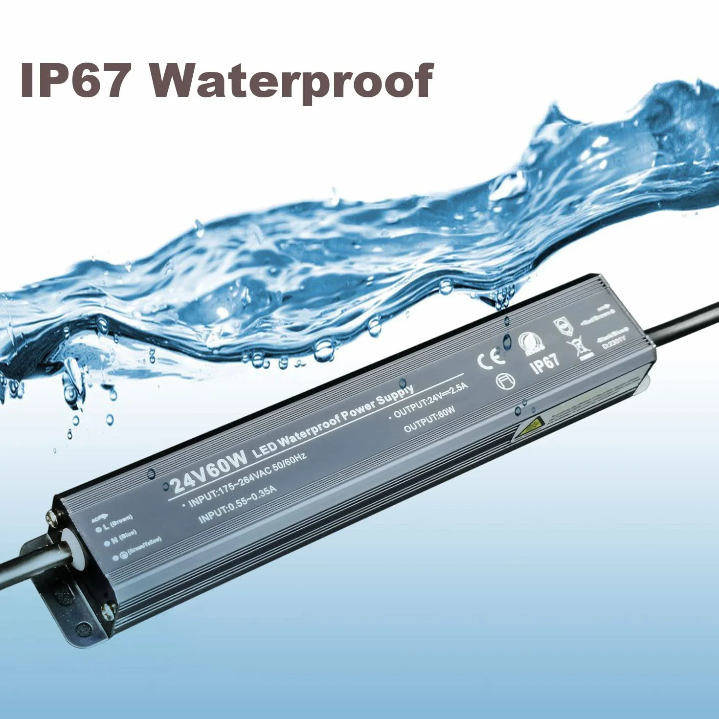 Trasformatore 220v 24v 60W, Alimentatore LED 24v Impermeabile IP67, Trasformatore 2,5A per Luci LED, Cartelloni Pubblicitari e Telecamera di Sicurezza Esterno