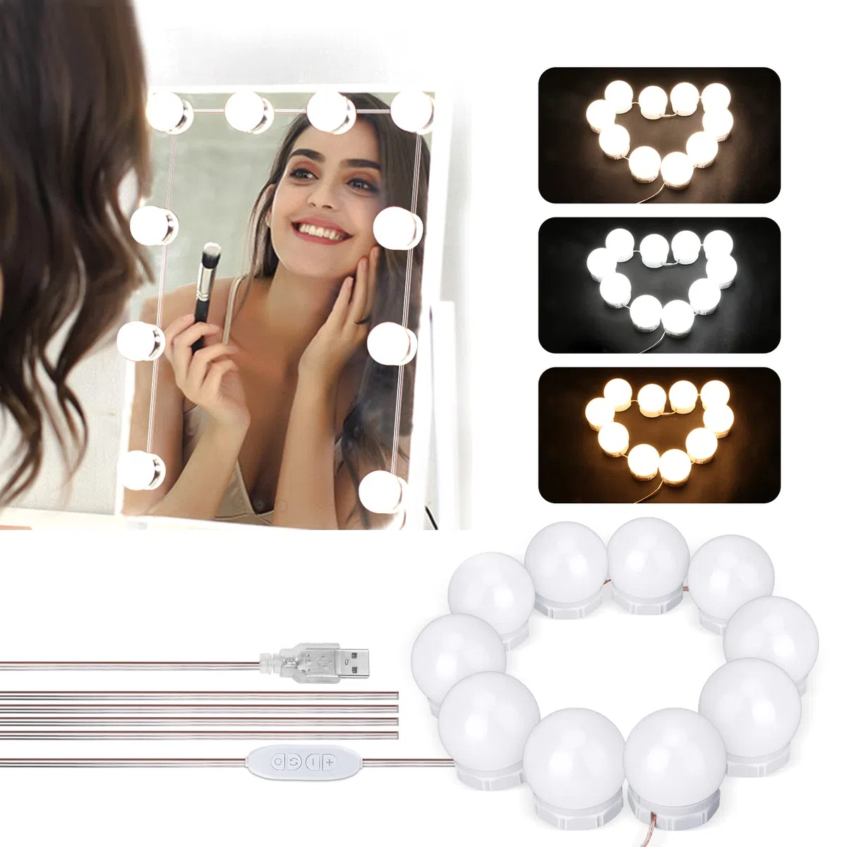 Luci Da Specchio, Winzwon luci LED per Trucco Luci per Specchio, Illuminazione Tavolo Trucco Vanità 3 Modalità Colore 10 Livelli Dimmerabile per Bagno, Camera da Letto