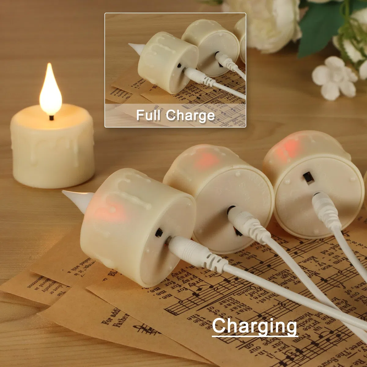 FREEPOWER 6 candele lumini LED ricaricabili con telecomando timer tremolante, luce bianca calda, dimmerabili, candele elettriche con cavo USB, decorazione per Halloween Natale, diametro 4 x 5,5 cm