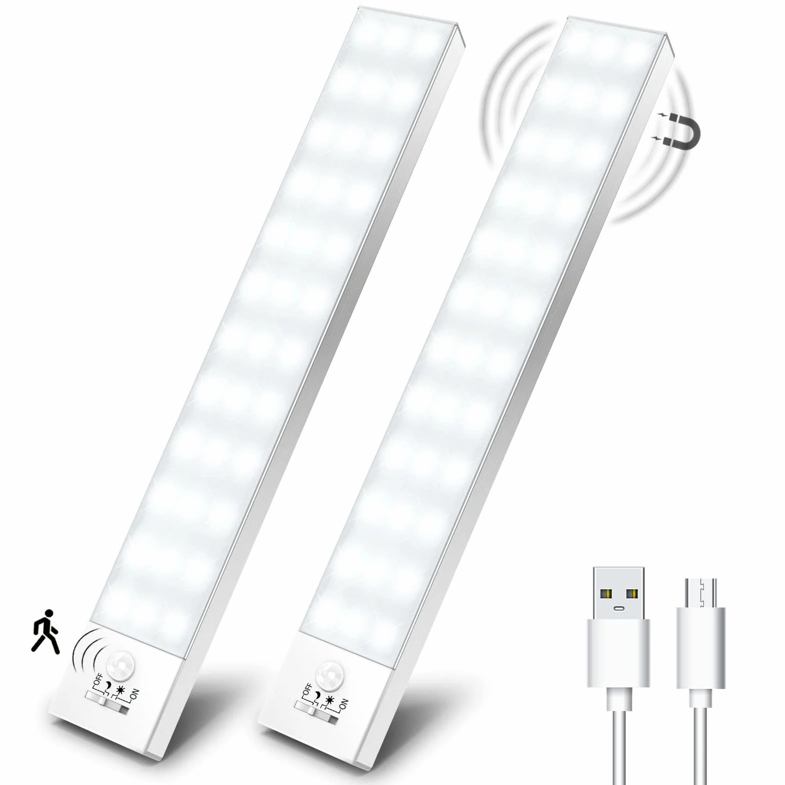 OUILA Luce Armadio LED con Sensore di Movimento Luci Notturna 36 LED 4 Modalità Lampada Guardaroba Luce da Esposizione 1000mAh USB Ricaricabile Cucina, Scale, Corridoio, Garage - 23cm*2 Pezzi
