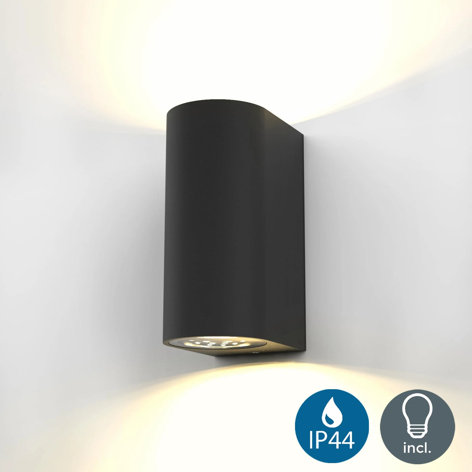 B.K.Licht Lampada da parete LED, applique da esterno, include 2 lampadine GU10 da 4,7W, plafoniera da parete per interni, luce calda 3000K, 400Lm, lampada a muro in metallo nera IP44