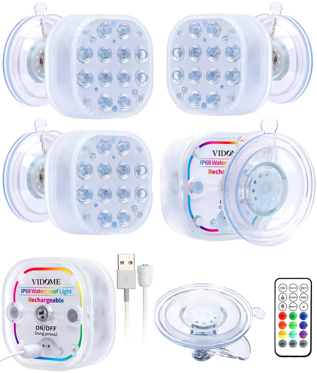 VIDOME Rechargeable Submersible LED Lights, Pool Lights for Inground Pool, Magnetic Pool Lights with Super Large Suction Cup, Underwater Light Full Waterproof LED Lights for Pool Pond Bathtub 4 Sets