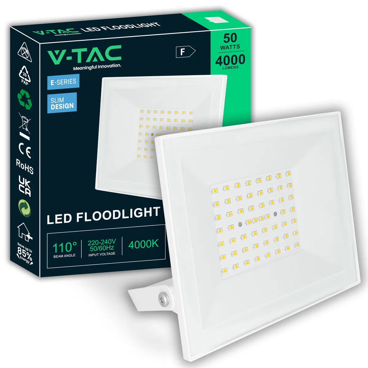 V-TAC Faro LED da Esterno 50W Bianco - [ E-Series - Alte Perfomance, Bassi Consumi ] - 4000 Lumen - Super Slim Design - IP65 - Proiettore Casa, Garage, Magazzino - Impermeabile - Luce Naturale 4000K