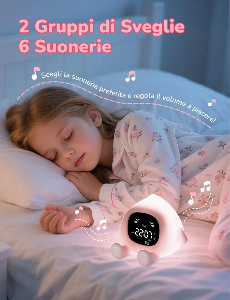 YISSVIC Sveglia Bambini Educativa con 2 Allarmi, Luminosità Regolabile, Formato 12/24h, Snooze e Luce Notturna 7 Colori (30s Auto-spegnimento). Include 10 Melodie e Rumore Bianco