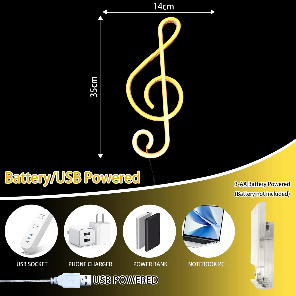 ENUOLI Lampada al neon a LED a forma di nota musicale a batterie/USB, lampada da parete al neon per la cameretta dei bambini, decorazione per bar, feste, Natale, matrimonio (bianco caldo)