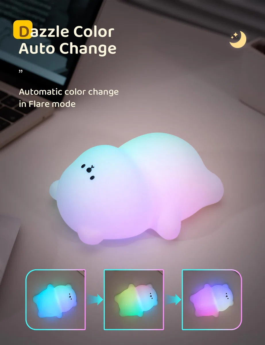 IHALO Luce Notturna Bambini, 7 Colori 3 Modalità Lampada Notturna per Bambini, Silicone Luce Notturna Neonato, con Timer, USB Ricaricabile, per Bambina Cameretta Regalo Neonato (Forma di Orso)