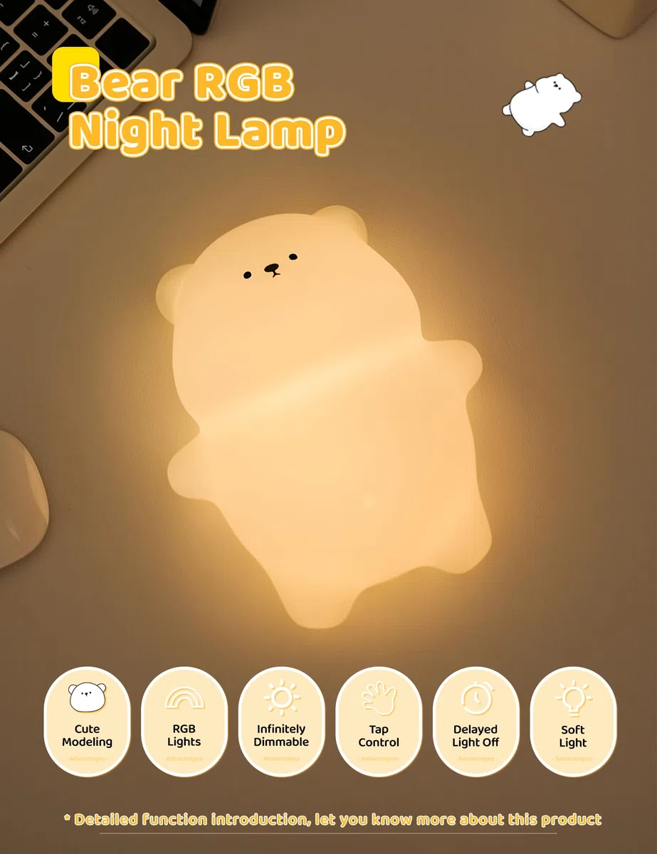 IHALO Luce Notturna Bambini, 7 Colori 3 Modalità Lampada Notturna per Bambini, Silicone Luce Notturna Neonato, con Timer, USB Ricaricabile, per Bambina Cameretta Regalo Neonato (Forma di Orso)