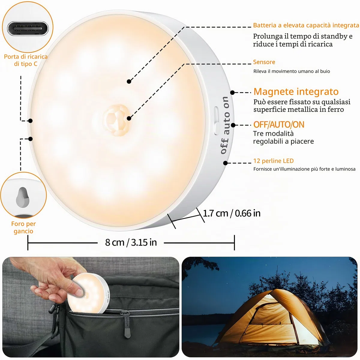 Luci con sensore di movimento per interni, confezione da 6 luci wireless ricaricabili USB per armadietti, luci notturne da parete, funzionamento a batteria, per scale, guardaroba, corridoi, armadi
