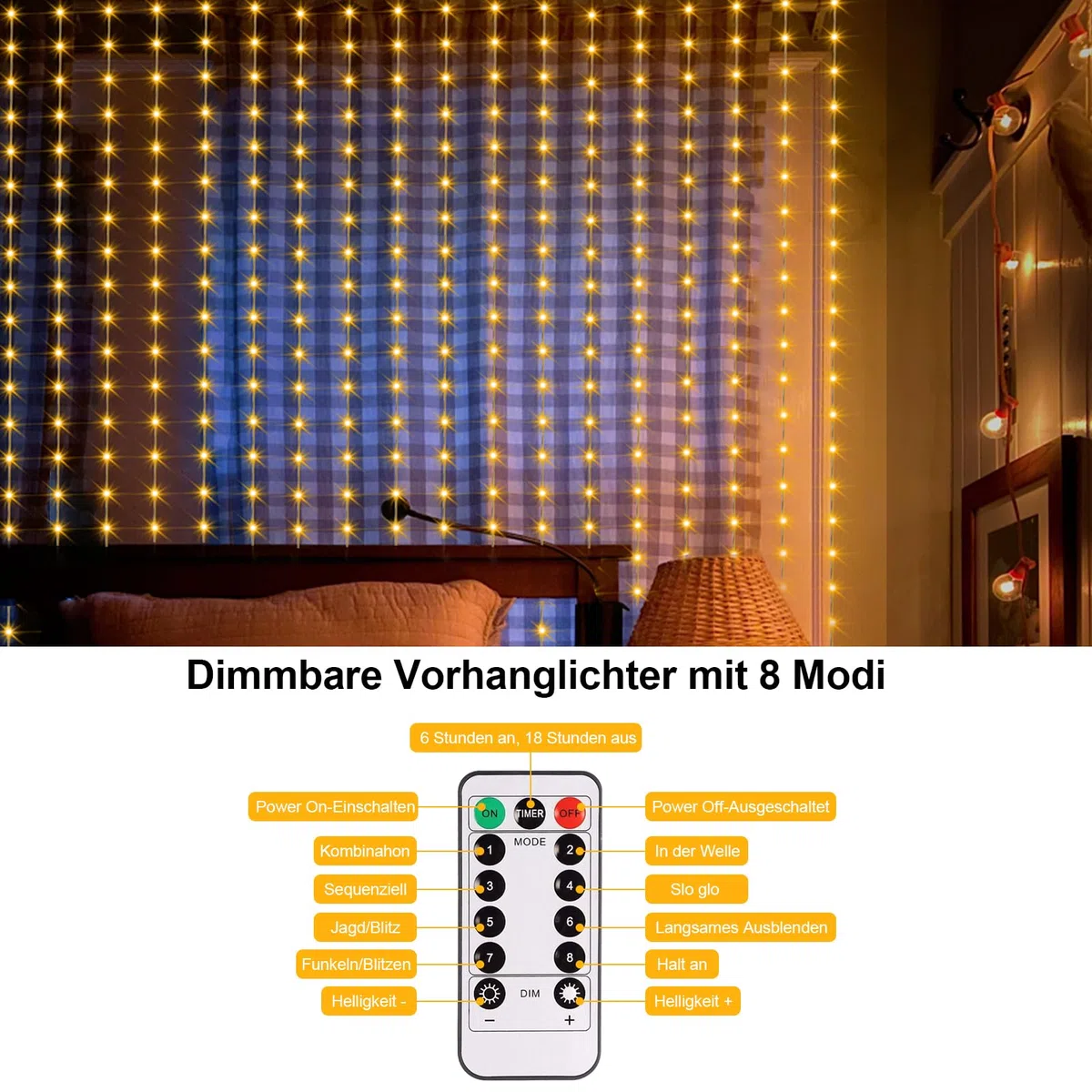 DBFAIRY Tenda luci fiabesche 2x2m 200 LED tenda luci fiabesche 8 modalità LED luci fiabesche telecomando timer luminosità regolabile per festa di Natale decorazione interna ed esterna (bianco caldo)