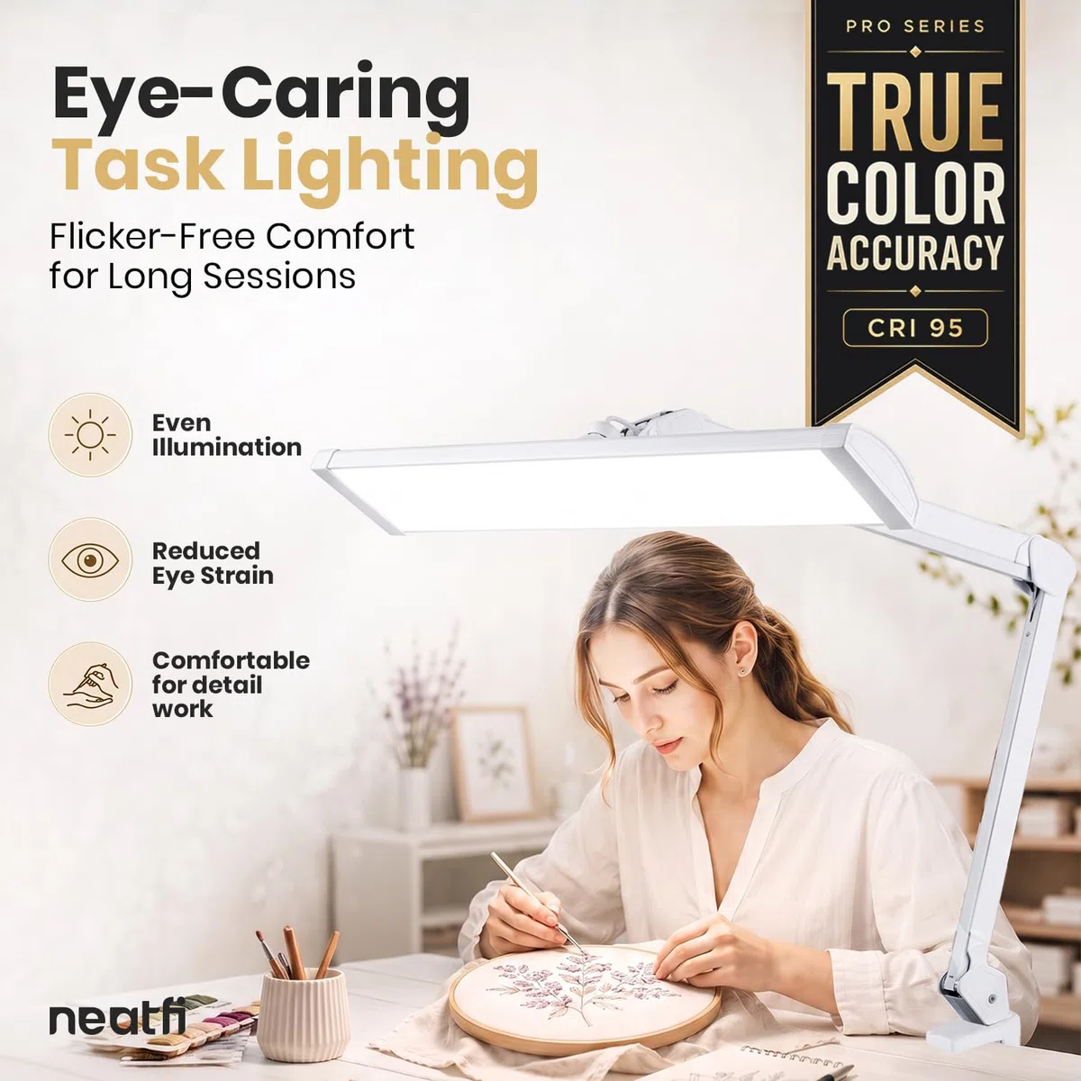 Neatfi Pro Series – Lampada da Lavoro LED Ultra da 3.500 Lumen, 45W Dimmerabile | Paralume Metallico Largo 66 cm | 5 Livelli di Luminosità e 3 Modalità di Luce (Bianco, Con CCT con Morsetto)