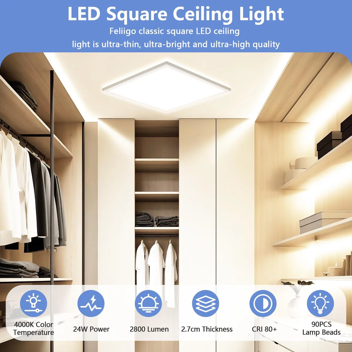 Feliigo Plafoniera LED Soffitto 24W, 4000K Ultra Sottile Lampada da Soffitto Quadrata, 2800LM Plafoniera Bagno IP44 Impermeabile Ø30CM Lampadario LED per Camera da Letto, Cucina, Soggiorno, Balcone