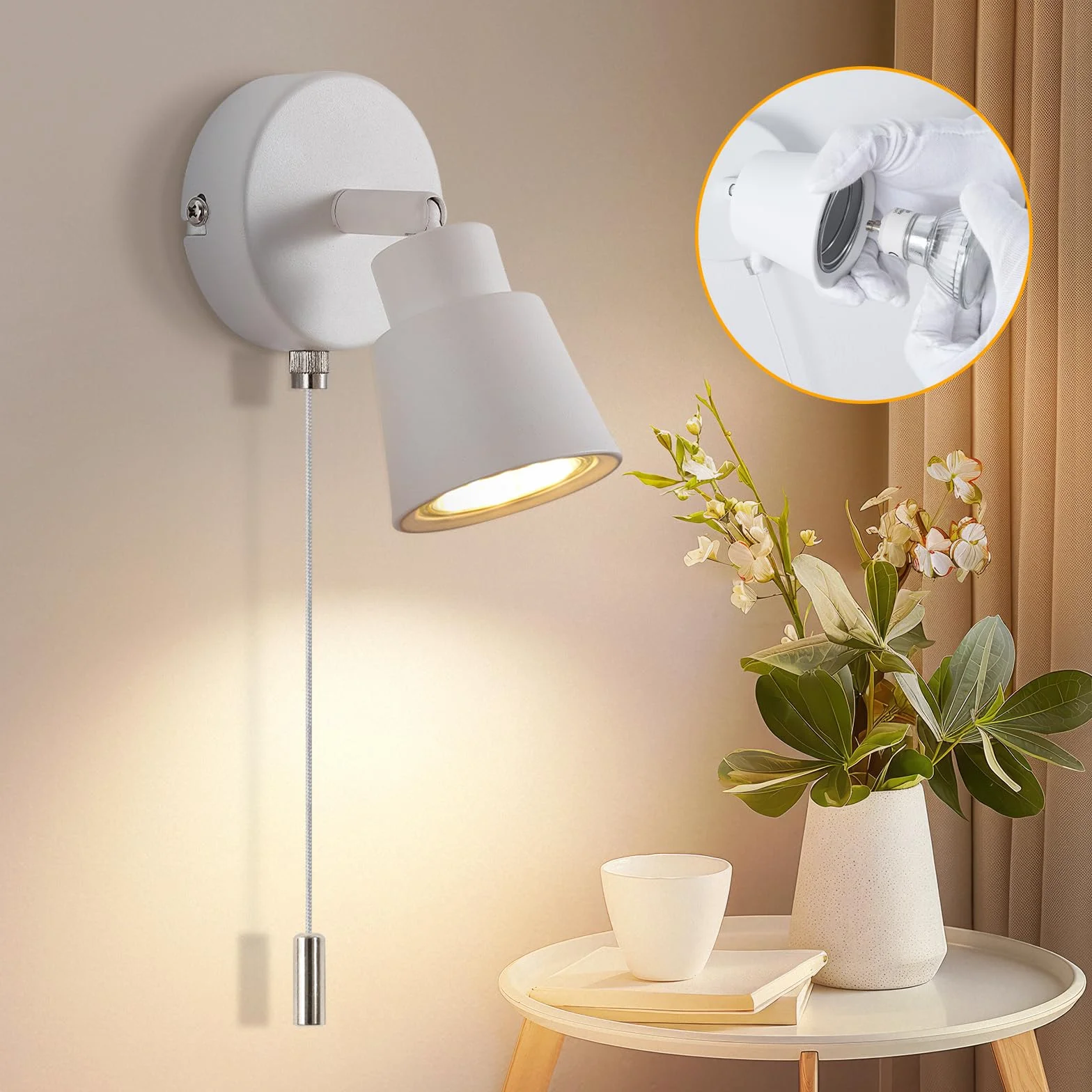 Bianco Lampada da Parete con Interruttore a Tirante GU10 - Moderna Lampada da Parete per Interni - Applique da Parete con Interruttore per Camera da Letto Soggiorno Cucina - Senza Lampadina