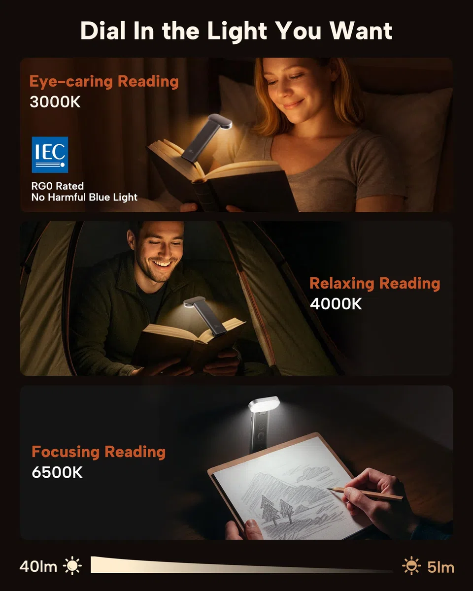 86lux Book Light, Reading Light for Book in Bed, USB Rechargeable LED Night Light with 3 Colors & Limitless Dimming, Aluminum Alloy Bookmark Light for Book Lovers, Christmas Gift, Black