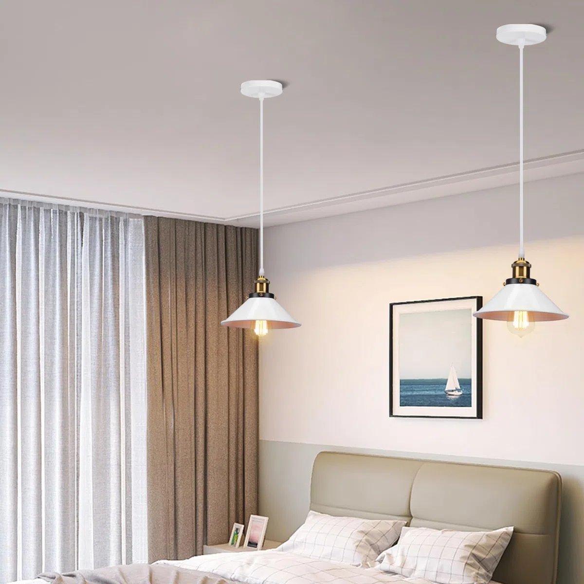 Lampadario a sospensione Vintage industriale, Moderno Lampada da soffitto E27 Plafoniera in Metallo Ø22cm Grigio Paralume per Sala Cucina Camera da Letto (Bianco - 1 lampada)