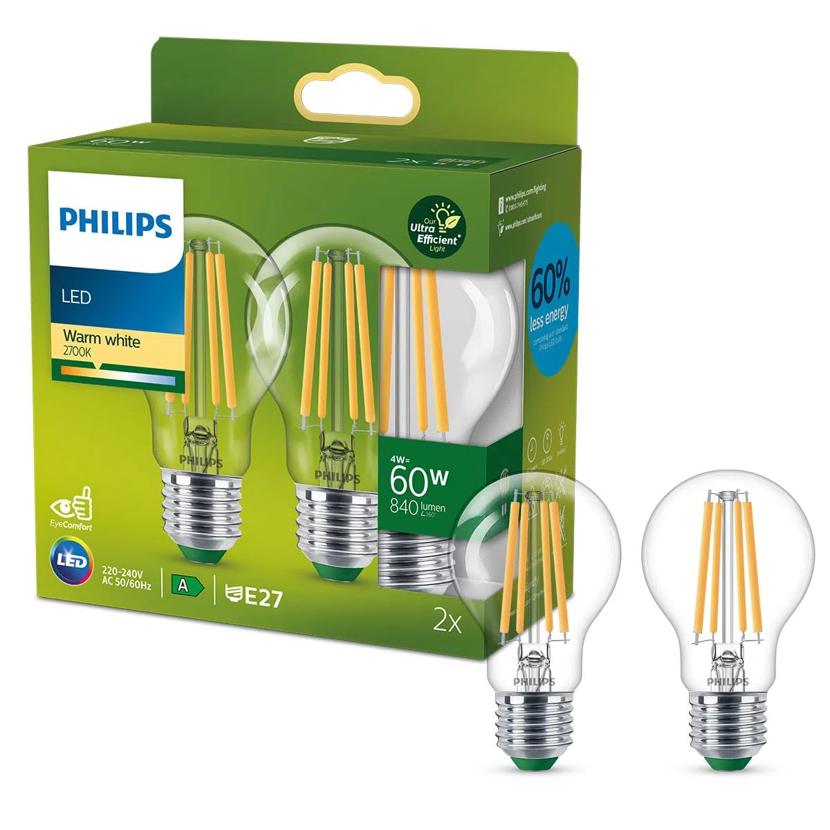 Philips Ultra Efficient - Ultra energy saving lights, E27 LED light source, 60W, A60, warm white, pack of 3, clear