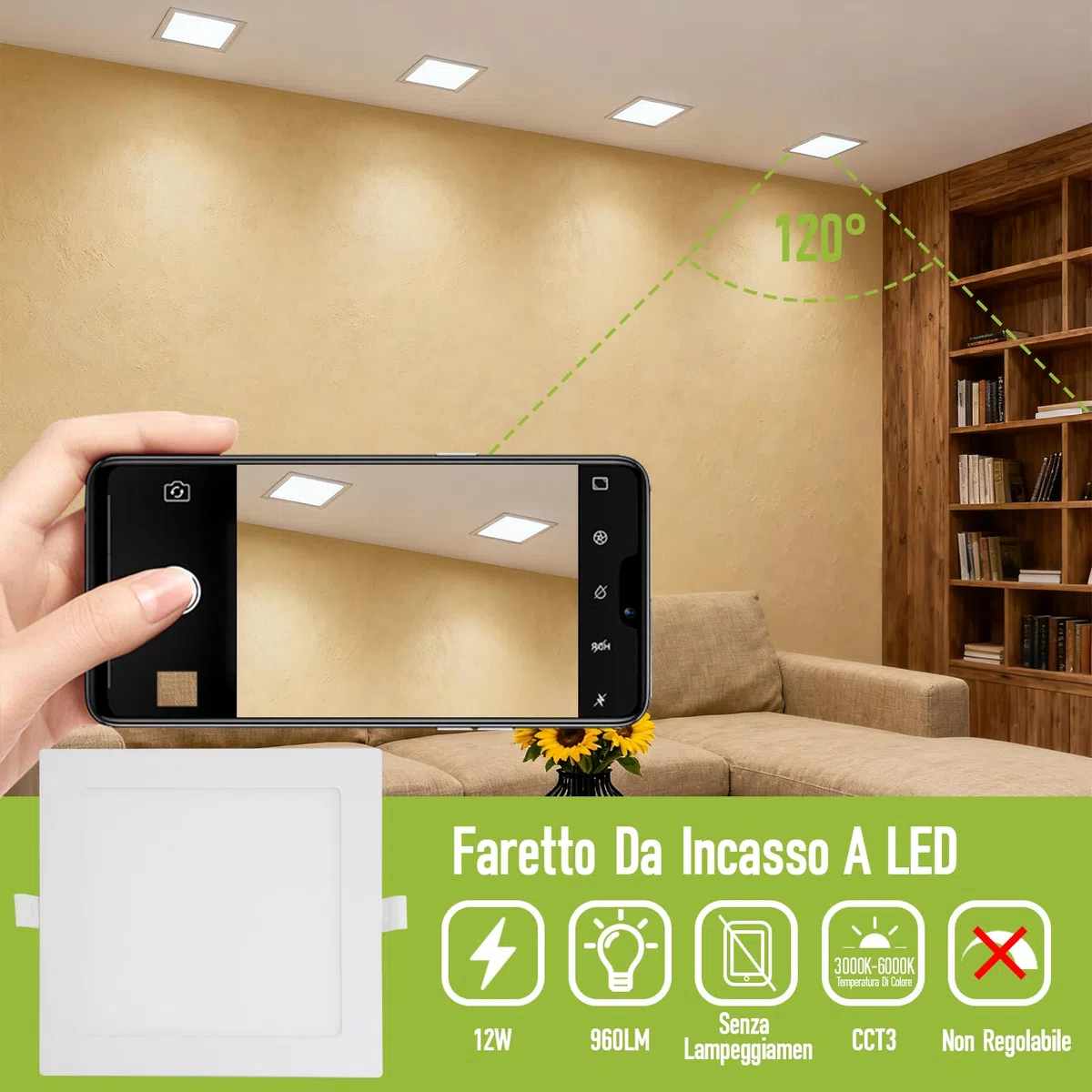 Faretti LED Incasso Cartongesso 12W 960LM Luci Soffitto Interno 120º 3CCT 3000K/4000K/6000K Faretto LED Incasso IP44 Non Dimmerabile Diametro Foro 155 x 155mm AC 230V