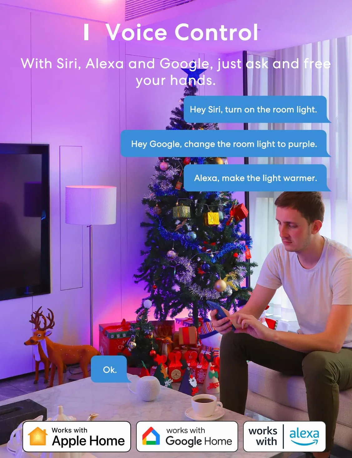 meross Lampadina LED E27 Funziona con Alexa, Apple HomeKit, Google Home e SmartThings, Lampadina Smart Multicolore e Dimmerabile, Lampada WiFi RGBWW, 2700-6500K