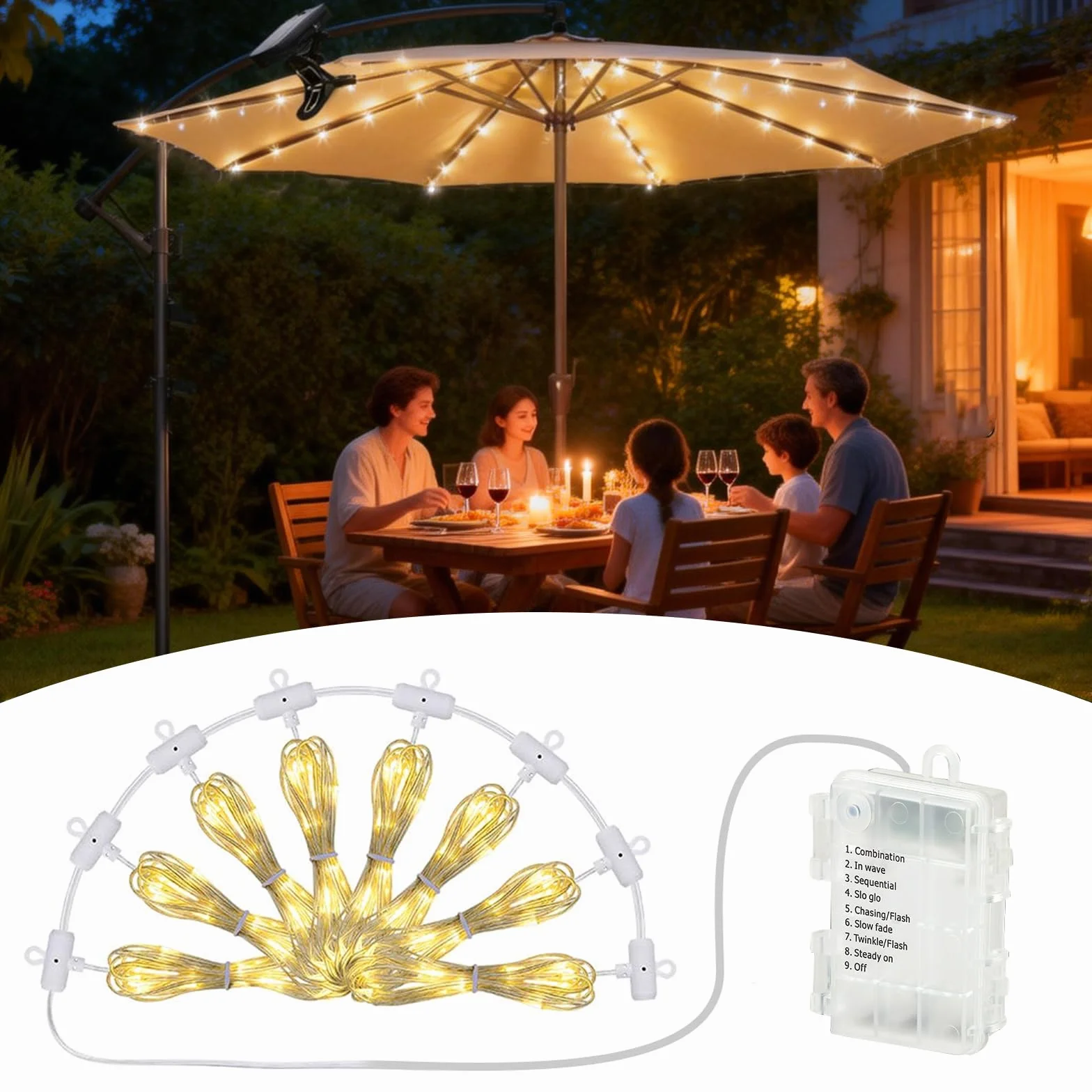 Catena Luminosa Per Ombrellone,Luci Per Ombrelloni Da Esterno Con Telecomando,Llluminazione Per Ombrellone,Catena Di Luci Per Ombrellone Per Uso Esterno,Patio,10 LED, 8 Modalità,Impermeabile IP67