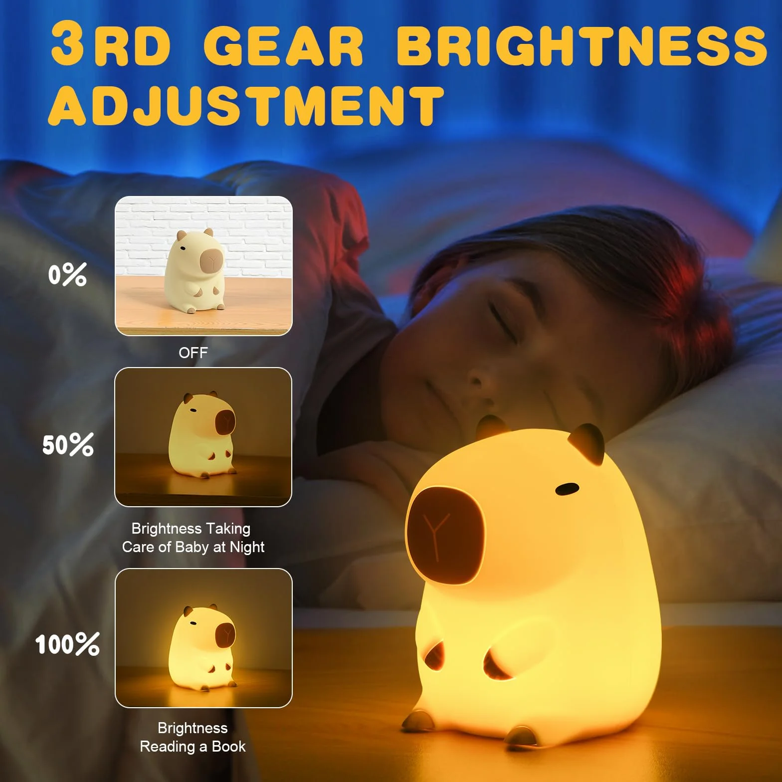 URAQT Capybara Luce Notturna per Bambini, Capybara Lampada Touch Control per Comodino, Ricarica USB e Timer, Dimmerabile Luce Notturna in Silicone, Luce Notturna Neonato Cameretta Bambina Regalo
