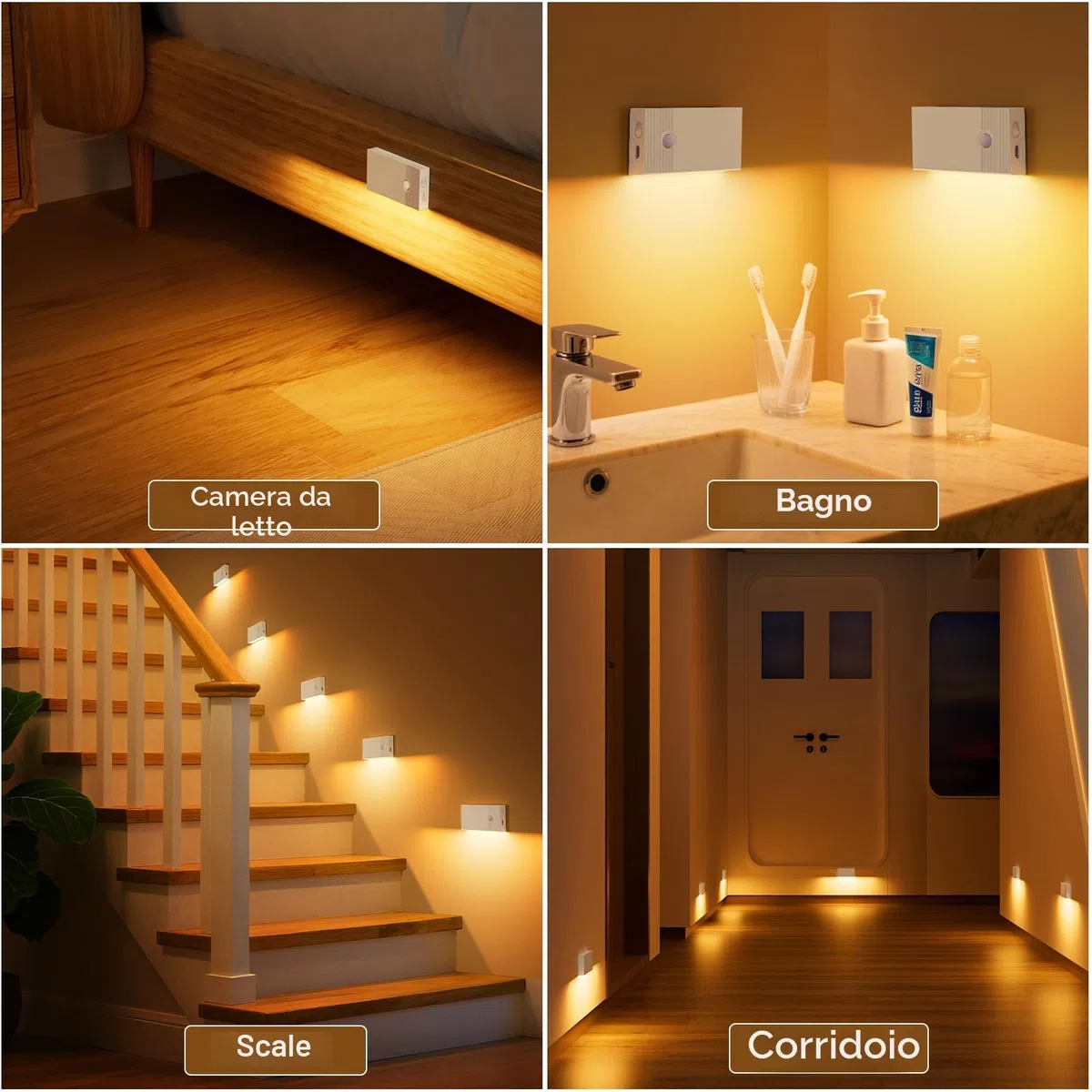 Luce Notturna con Sensore di Moviment, 4 Pezzi Ricaricabile Luce Notturna a Led ON/OFF/AUTO Modalità, 2700K Bianco Caldo Luce Bambini per Scale Corridoio Camera da Letto Soggiorno