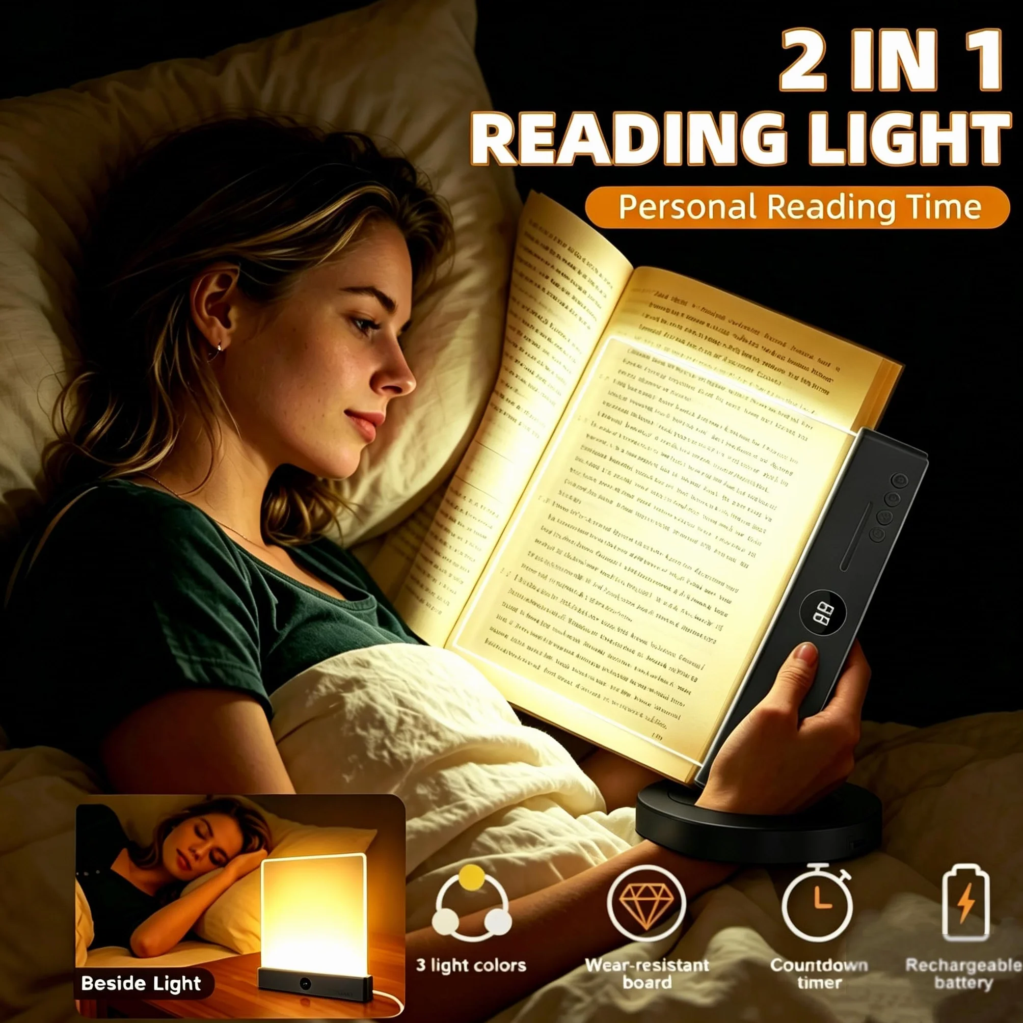 Lampada Libro Piatta, Luce per Libri a LED Intelligente, Portatile Lampada da Lettura Con Timer e Luci a 3 Colori, Ricaricabile Lampada Lettura a Pannello per la Lettura Notturna