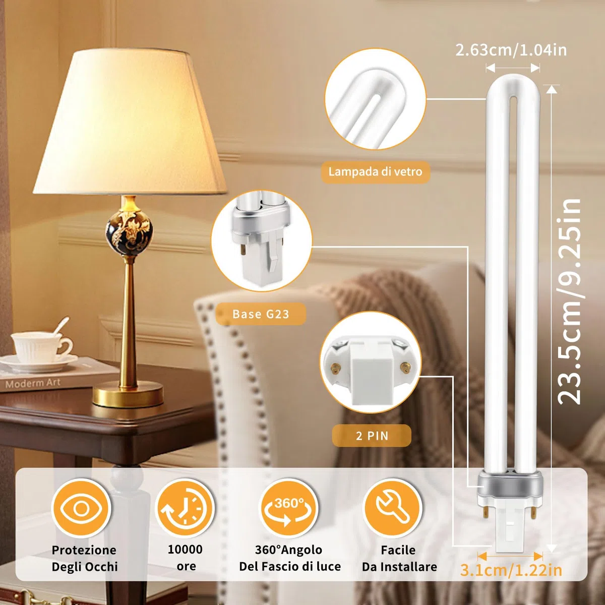 Lampada Fluorescente Compatta G23 2pin 11W, Bianco Caldo 2700K, Lampade a Risparmio Energetico CFL G23, Tubo a Forma di U, Applicabile a Soggiorno, Camera da Letto, Corridoio, Non Dimmerabile, 2 pezzi
