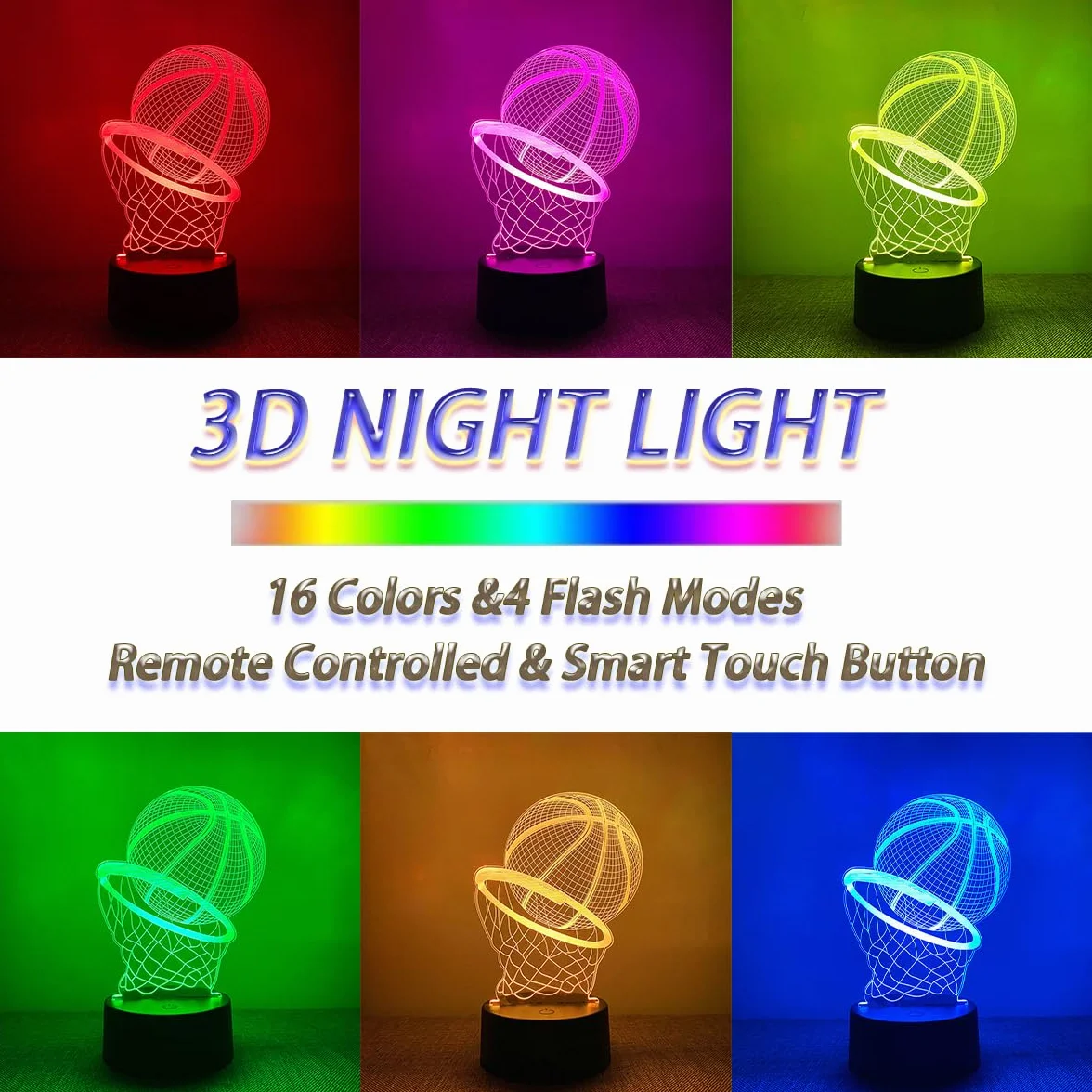 3D Lampada Pallacanestro, Luce Notturna pallacanestro per Bambini, Lampada da basket 3D, Luce Notturna Vision Dimmerabile con Telecomando a 16 Colori, Regalo a Sorpresa per i Bambini