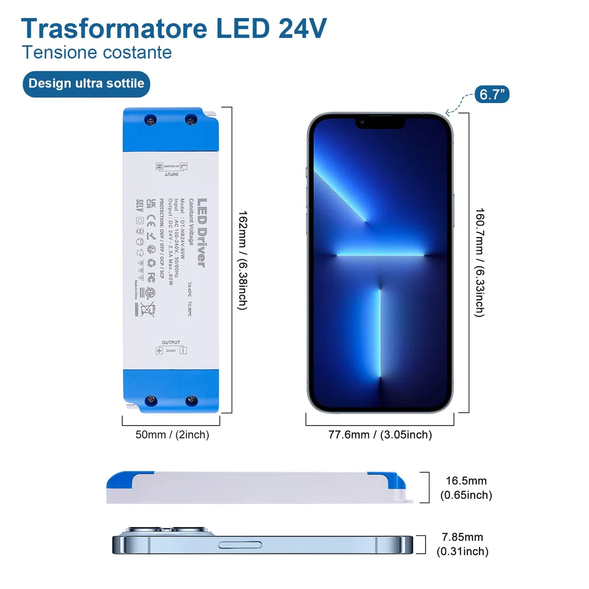 Trasformatore led 24V 2.5A, 60W AC 220V a 24V DC Alimentatore Stabilizzato, Ultra Sottile Driver Tensione Costante, Adattatore per Lampadine G4 MR11 MR16, Strisce LED, VARICART