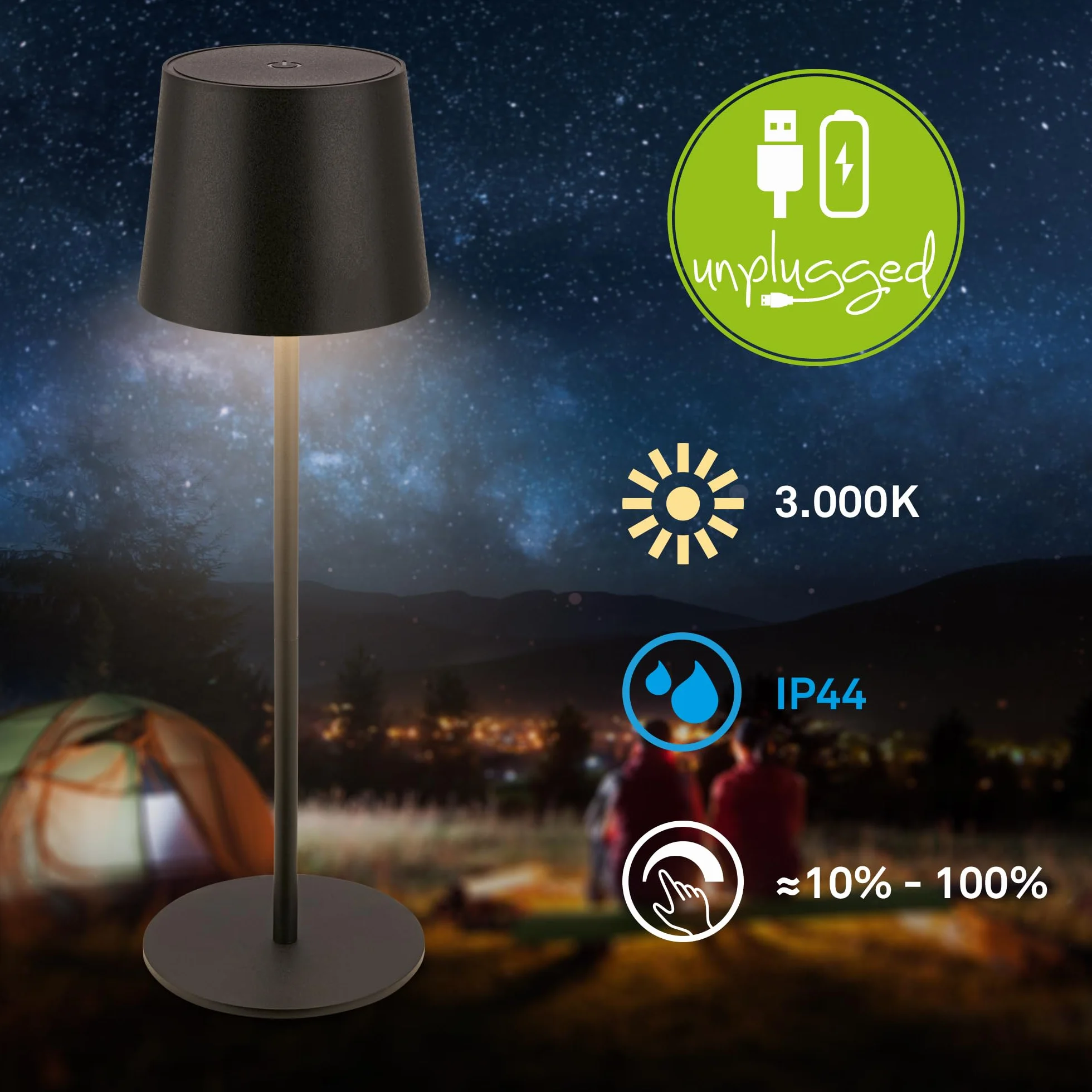 BRILONER - Lampada da tavolo LED senza fili IP44 con touch, dimmerabile, batteria ricaricabile, USBC, lampada da scrivania senza fili, lampada da comodino ricaricabile, 11x33 cm, nero